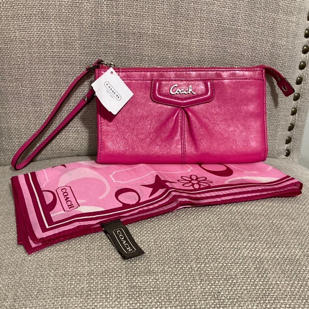 Coach Pink Wristlet & Silk Scarf Bundle